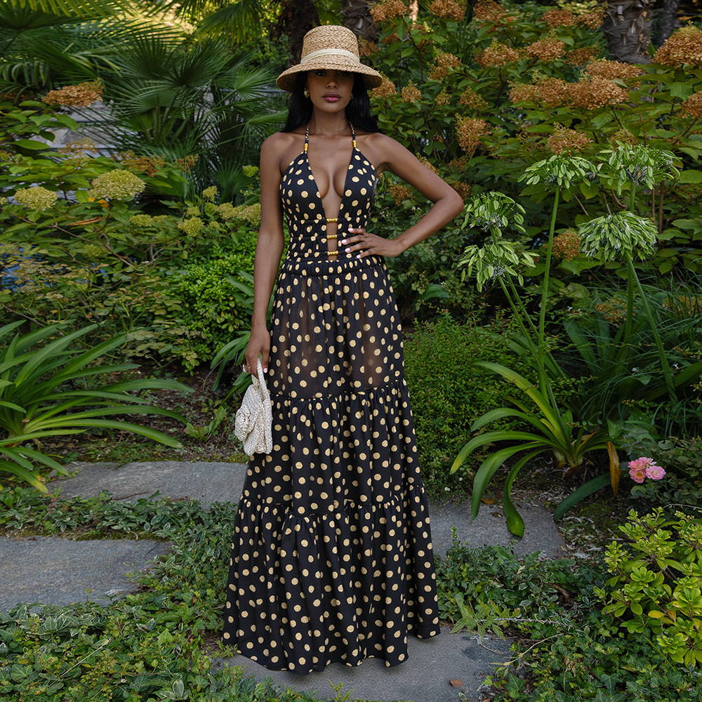 Black and Gold Polka Dots V-neck One Piece Swimsuit and Skirt	