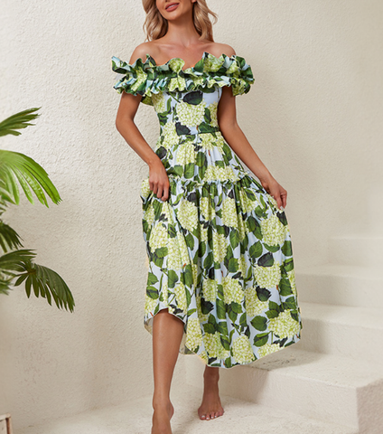 Off Shoulder Hydrangea Print Ruffle One Piece Swimsuit and Skirt