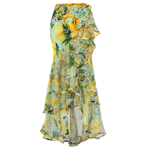 Lemon Print Ruffle Strap Bikini Swimsuit and Mesh Splicing Sarong