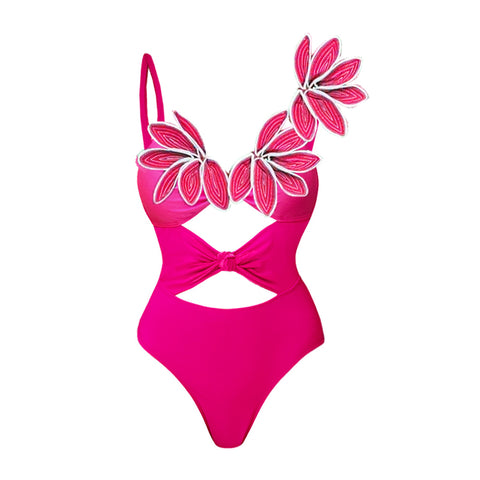 3D Flower Hot Pink Cutout One Piece Swimsuit and Skirt