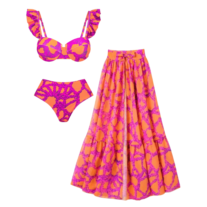 Ruffled Starp Push Up High Waist Bikini Swimsuit and Skirt