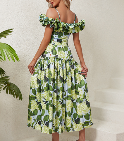 Off Shoulder Hydrangea Print Ruffle One Piece Swimsuit and Skirt