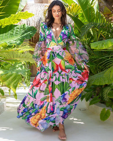V-neck Long Sleeve Flowers Printed One Piece Swimsuit and Skirt	