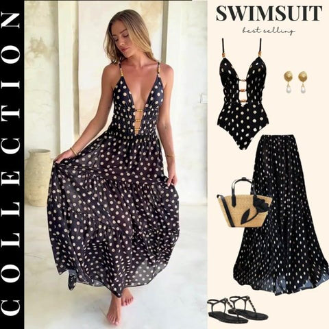 Black and Gold Polka Dots V-neck One Piece Swimsuit and Skirt	