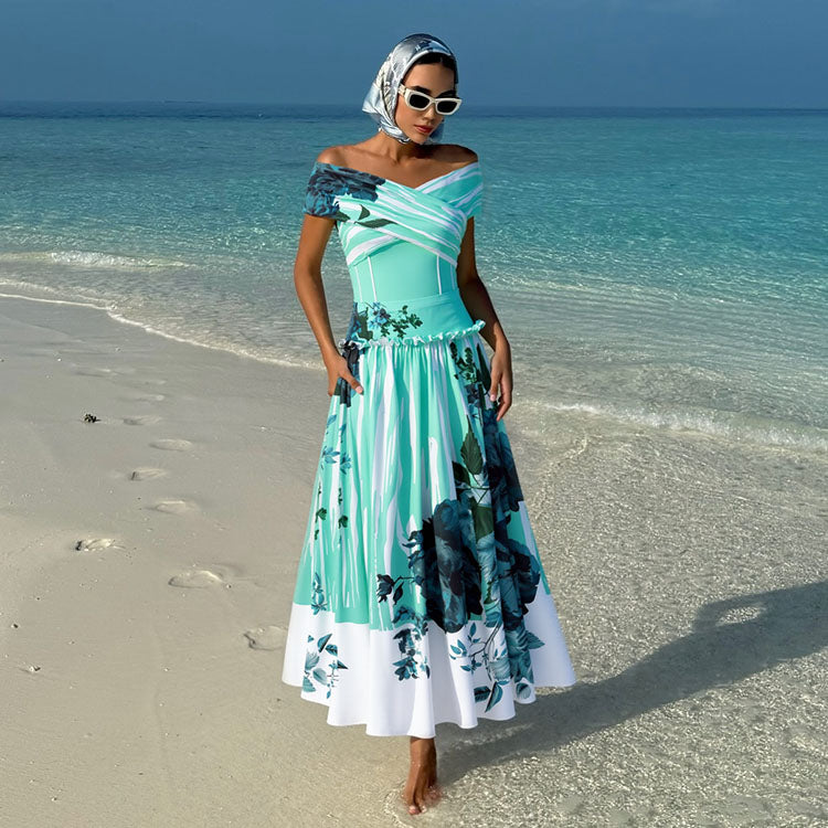 Off Shoulder Blossom Print One Piece Swimsuit and Skirt	