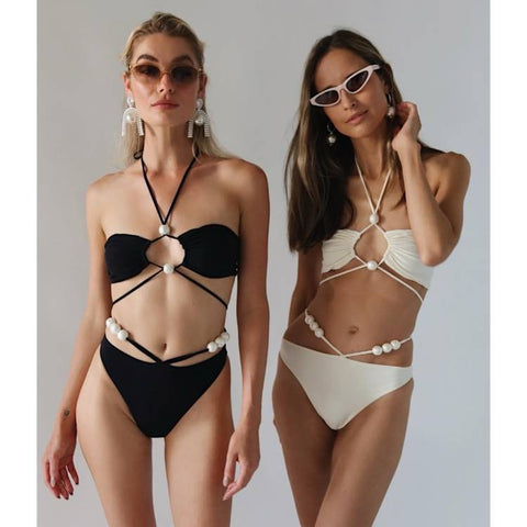Halterneck Pearl Bandeau High Waist Bikini Swimsuit and Sarong	