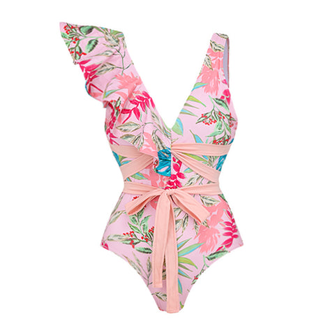 One Shoulder Ruffle Floral Print One Piece Swimsuit and Skirt