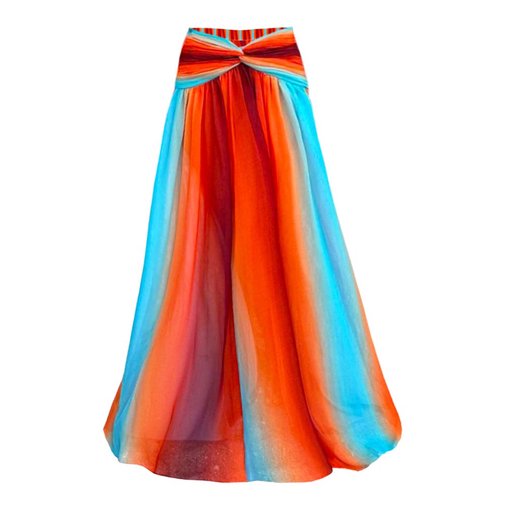 Blue-Orange Gradient Hollow One Piece Swimsuit and Skirt	