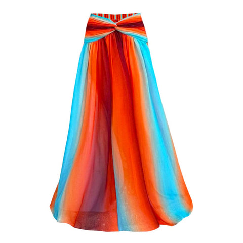 Blue-Orange Gradient Hollow One Piece Swimsuit and Skirt	