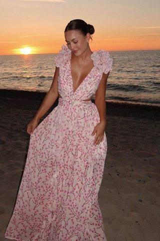 Backless V Neck Printed Dress