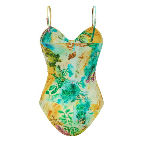 Landscape Prints Hollow One Piece Swimsuit and Skirt	