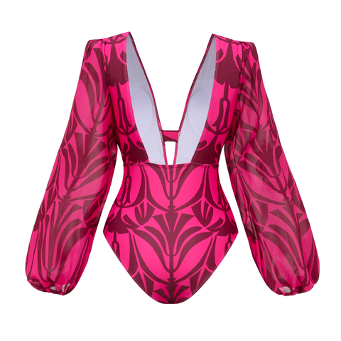Rose Red Pattern Print Long-sleeved One Piece Swimsuit and Skirt	