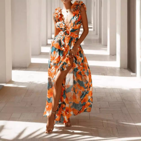 Backless V Neck Printed Dress