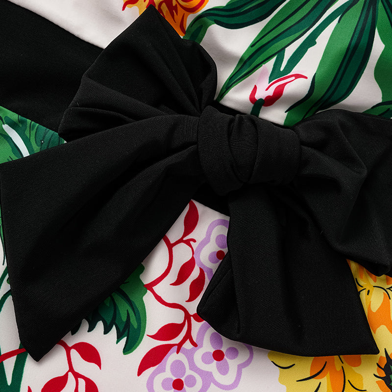Off Shoulder Back Bow Tie Color Block Printed One Piece Swimsuit and Skirt Flaxmaker	