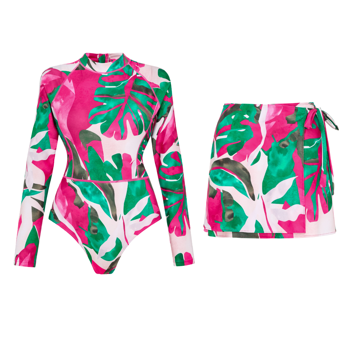 Abstract Rose Red Contrast Print Long sleeve One Piece Swimsuit and Skirt	