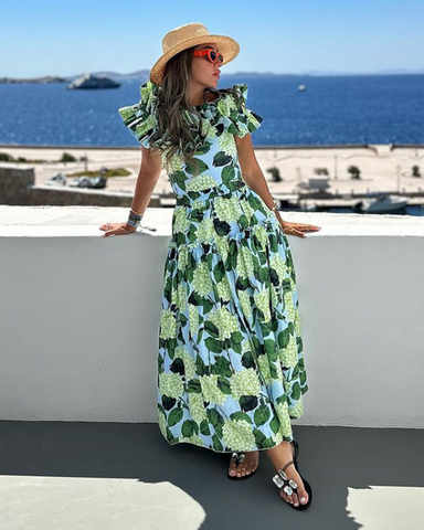 Off Shoulder Hydrangea Print Ruffle One Piece Swimsuit and Skirt