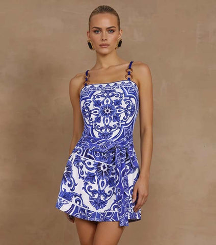 Sling Classic Majolica Series Pattern Print One Piece Swimsuit and Skirt or Shorts