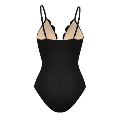 Black Laser Cutting Flower Hollow One Piece Swimsuit and Skirt