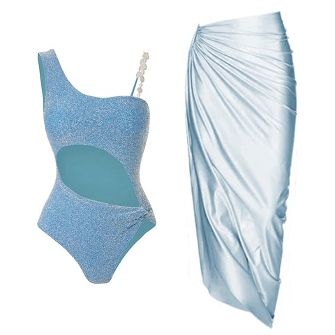 Pearl Shoulder Strap Cutout Shiny Texture One Piece Swimsuit