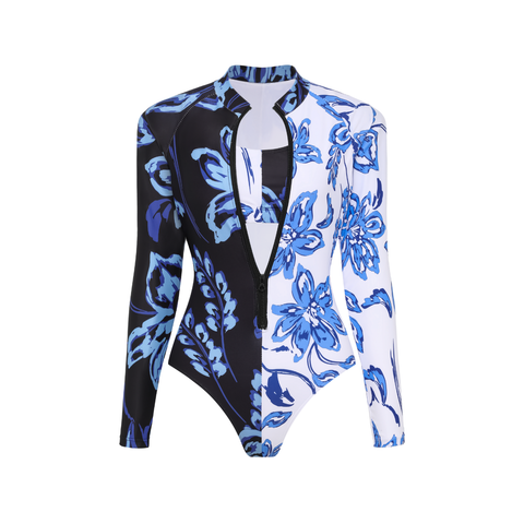 Color Block Printed Long Sleeve One Piece Surf Swimsuit and Skirt	