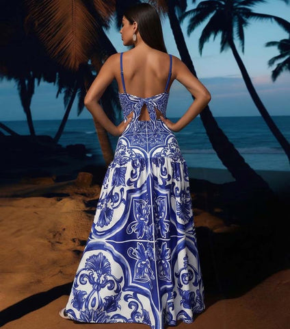 Sling Classic Majolica Series Pattern Print One Piece Swimsuit and Skirt or Shorts