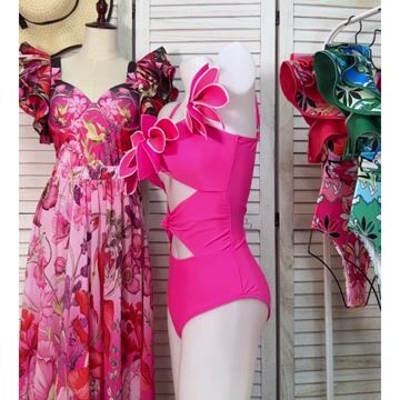 3D Flower Hot Pink Cutout One Piece Swimsuit and Skirt