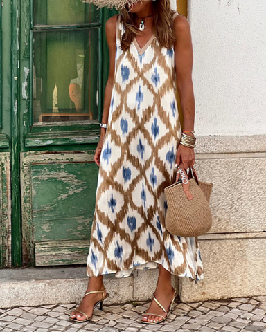 V Neck Retro Printed Slit Dress
