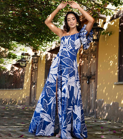 One Shoulder Leaf Printed One Piece Swimsuit and Skirt