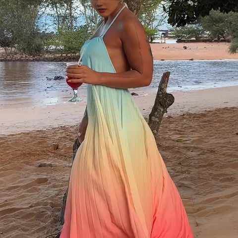 Vacation Backless Ombre Print Dress
