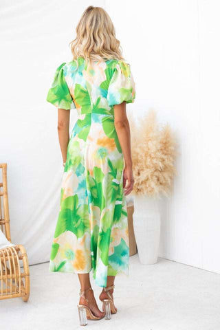 Puff Sleeve Cutout Blossom Printed Dress
