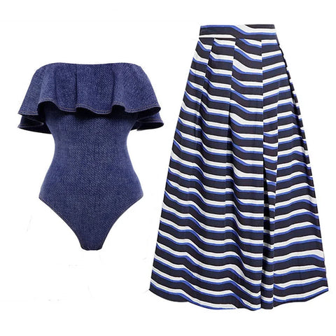 Ruffle Bandeau One Piece Swimsuit and Skirt