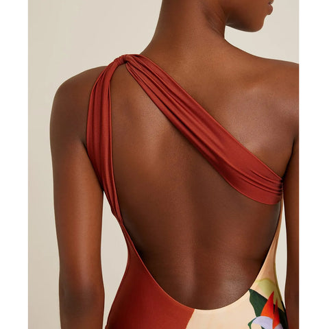One Shoulder Printed One Piece Swimsuit and Skirt