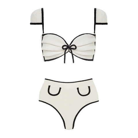 Ivory Black Trim High Waist Bikini Swimsuit and Skirt Flaxmaker	