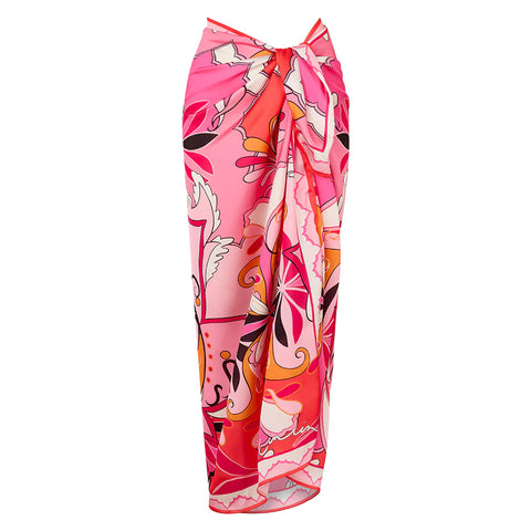 Ruffle Sleeves Red and Pink Pattern One Piece Swimsuit and Skirt	