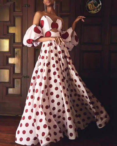 Bandeau Puff Sleeve Polka Dot Printed Dress