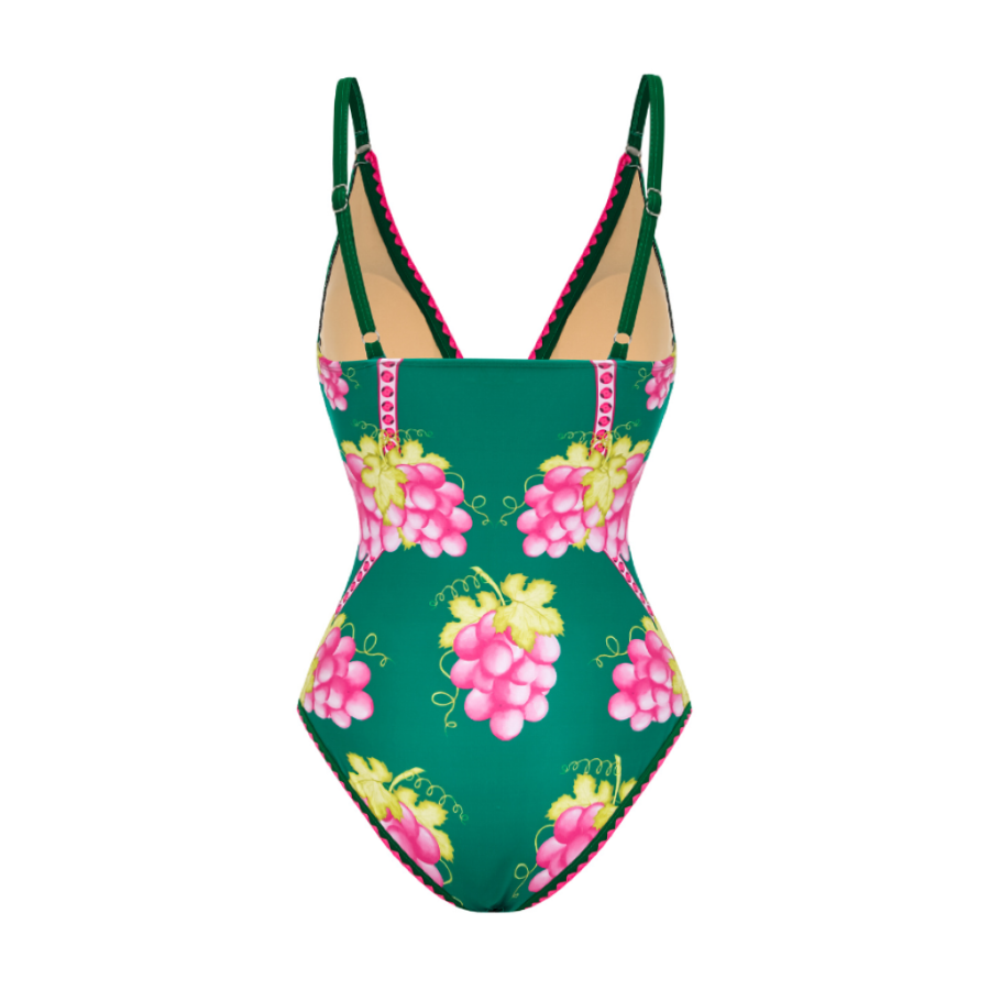 Deep V Retro Green Grapes Print One Piece Swimsuit and Skirt	