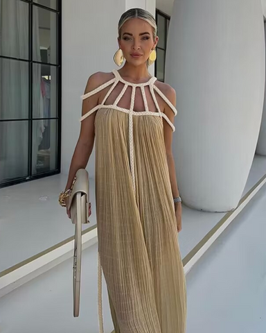 Off Shoulder Halter Maxi Dress(With Belt)