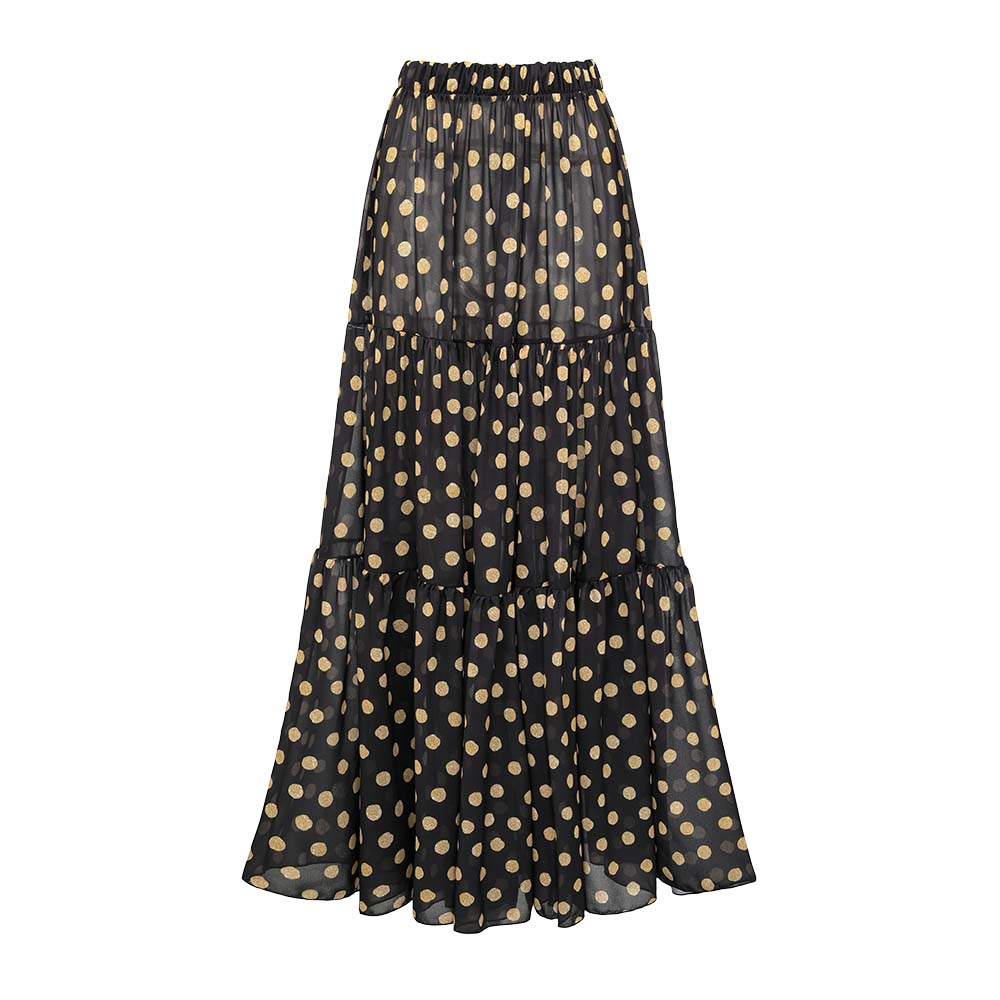 Black and Gold Polka Dots V-neck One Piece Swimsuit and Skirt	