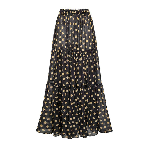 Black and Gold Polka Dots V-neck One Piece Swimsuit and Skirt	