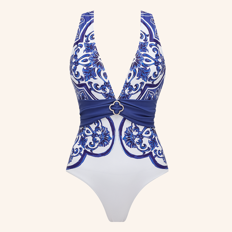 V Neck Classic Majolica Series Pattern Print One Piece Swimsuit and Pants or Shorts	