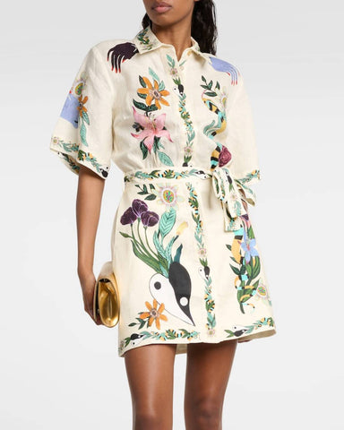 Lace Up Printed Short Slevees Mini Dress
