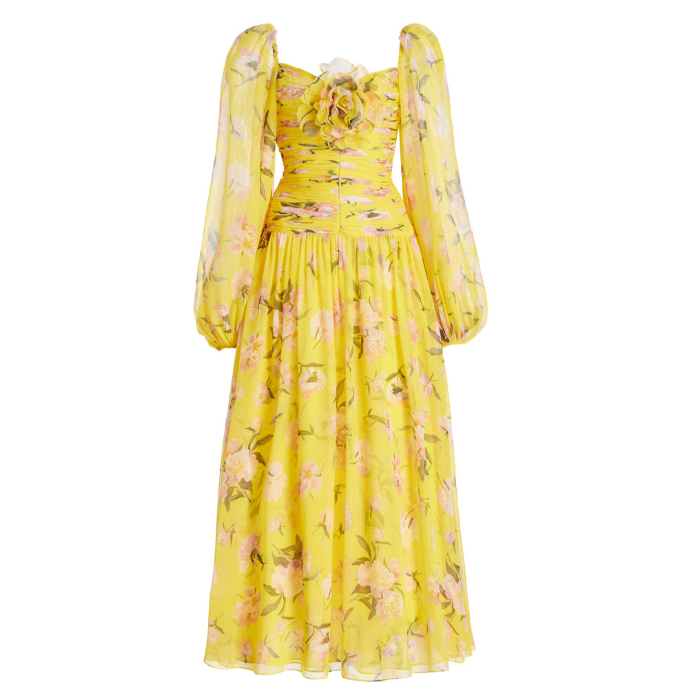 3D Flower Shirring Printed Chiffon Long Sleeves One Piece Swimsuit and Skirt	