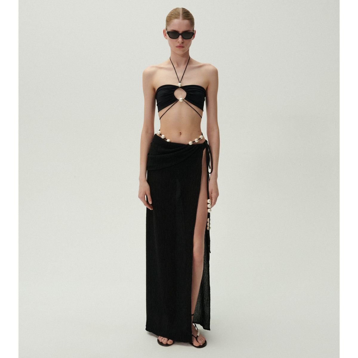 Halterneck Pearl Bandeau High Waist Bikini Swimsuit and Sarong	