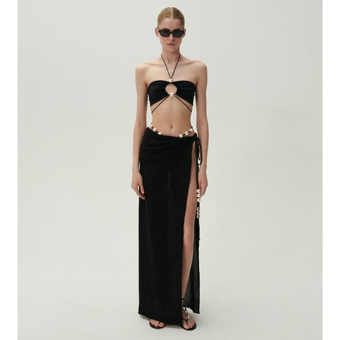 Halterneck Pearl Bandeau High Waist Bikini Swimsuit and Sarong	
