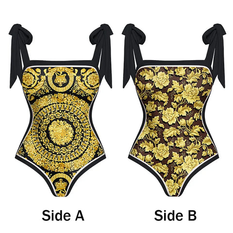 Reversible Tie-shoulder One Piece Swimsuit and Sarong