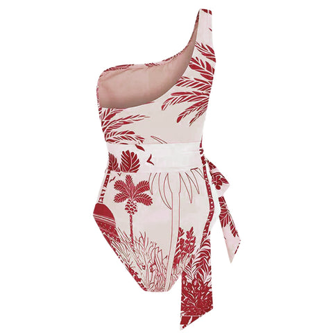 One Shoulder Coconut Palm Print One Piece Swimsuit and sarong