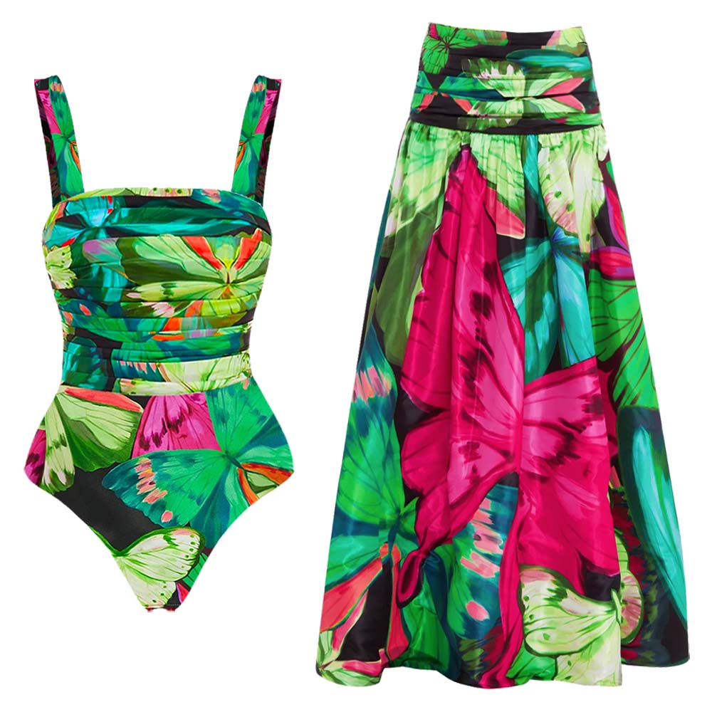 Butterfly Printed One Piece Swimsuit and Skirt