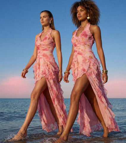 Pink Flower-dyed Halter Neck One Piece Swimsuit and Skirt	