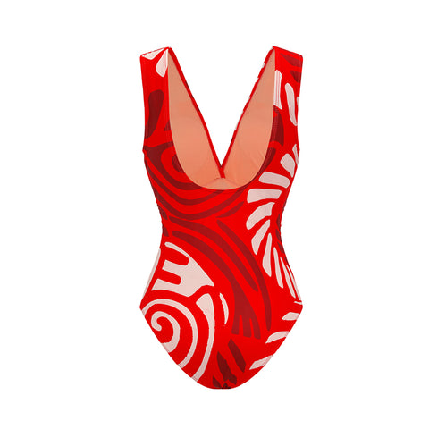 V Neck Red Ring Decorate Printed Swimsuit Set(s)	