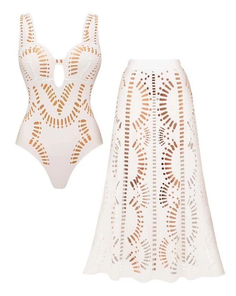 Laser White Hollow Out One Piece Swimsuit and Skirt